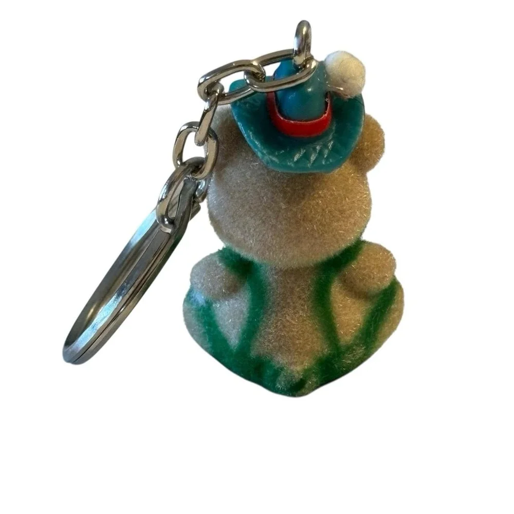 Flocked Teddy Bear Keychain‎ Fob Key Ring Brown Green Hat Flower Vintage 80s